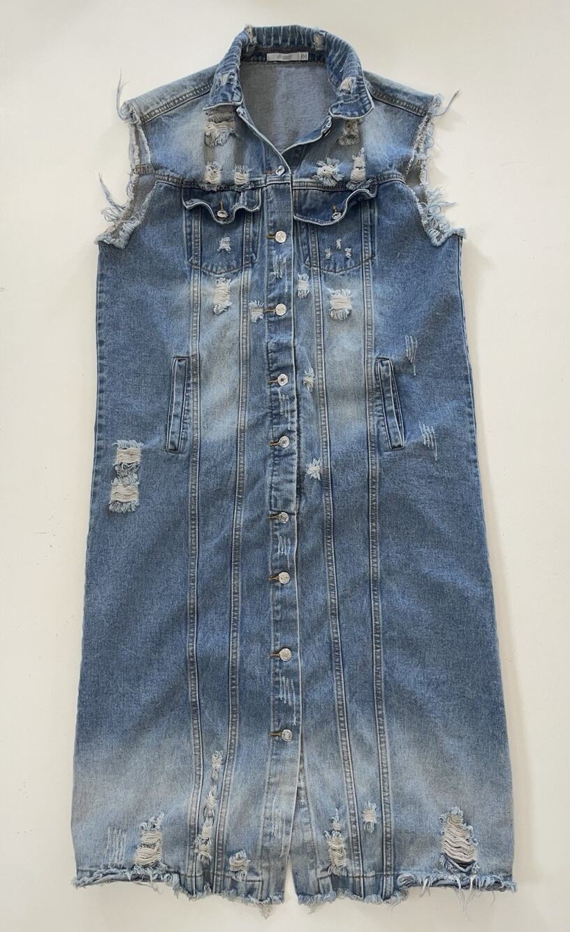 Veveret Full Distressed Sleeveless Longline Denim Jacket Boho Trench Maxi 1XL